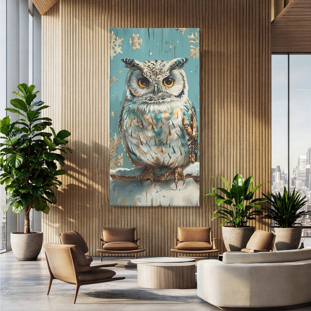Tablou canvas cu tablou canvas cu bufnita pe ramura inzapezita, fara rama, pe sasiu de lemn, pe perete intr-un birou